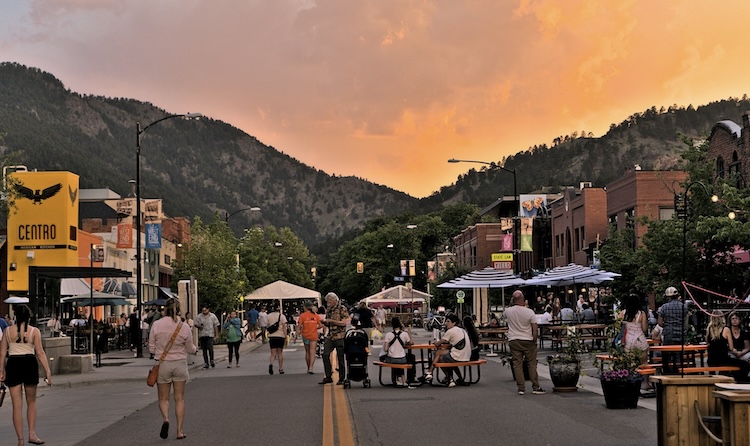 Vendors and visitors at the Boulder Farmers Market in Boulder, Colorado
